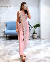 Trendy Pink Banglori Silk With Fancy Embroidery Thread Work Saree With Plazo And Dupatta